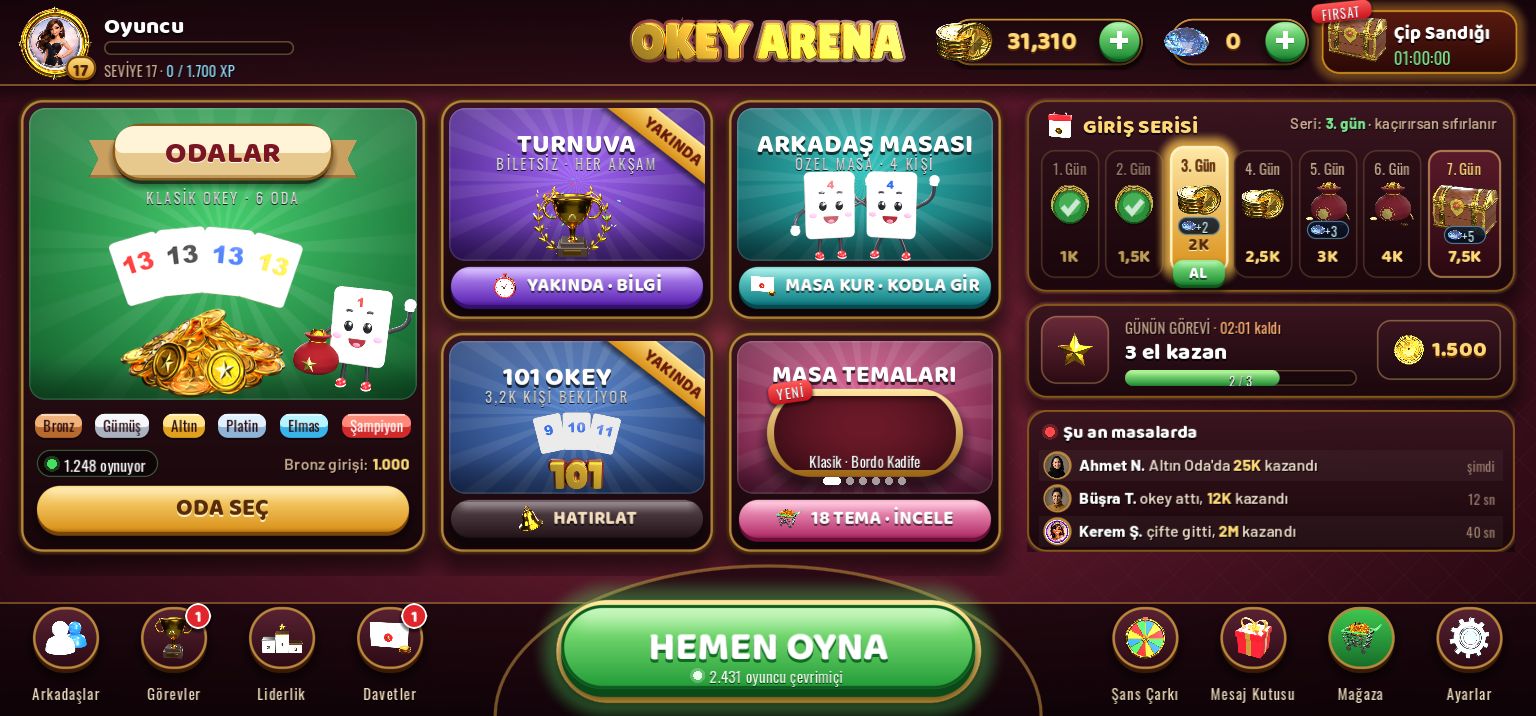 Okey Arena ana menüsü: odalar, turnuva, arkadaş masası, giriş serisi ve günün görevi